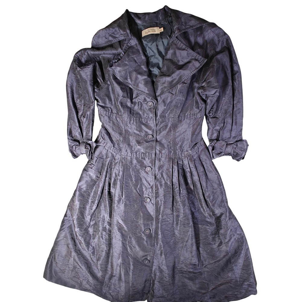 Rickie Freeman Teri Jon Vintage Navy Blue 100%‎ Silk Bow Cuff Coat Dress Size 8